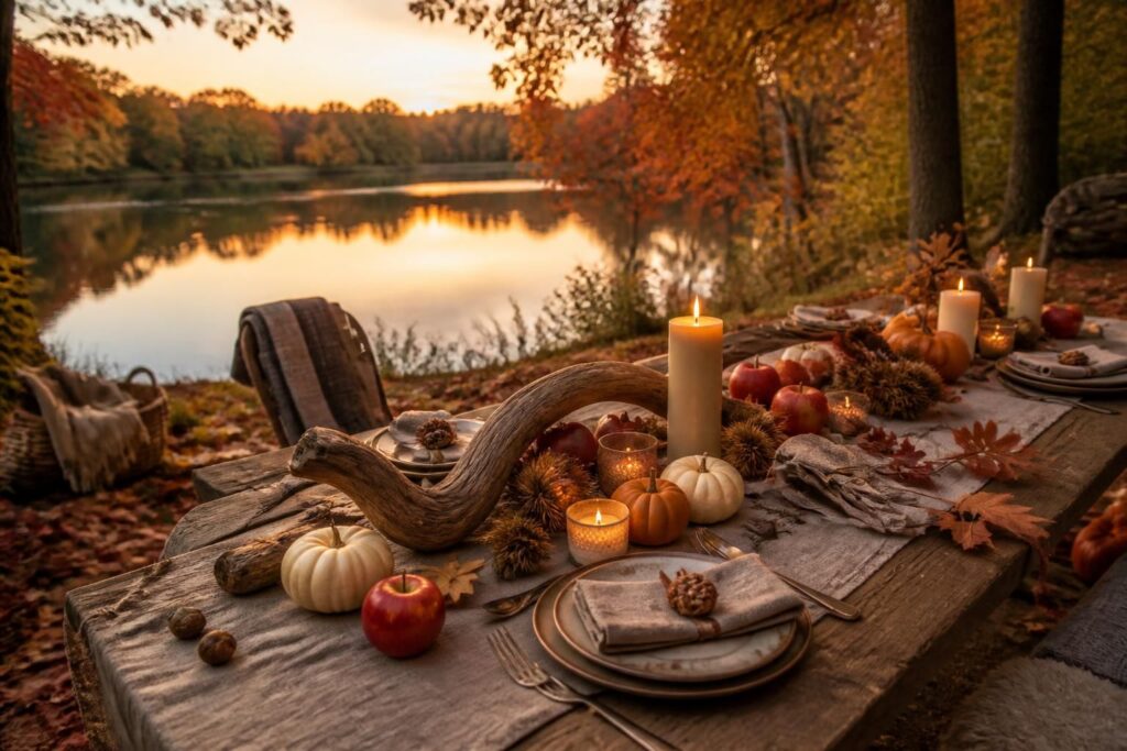 découvrez des idées naturelles et chaleureuses pour décorer une table d'automne au bord du lac et créer une ambiance conviviale et authentique.