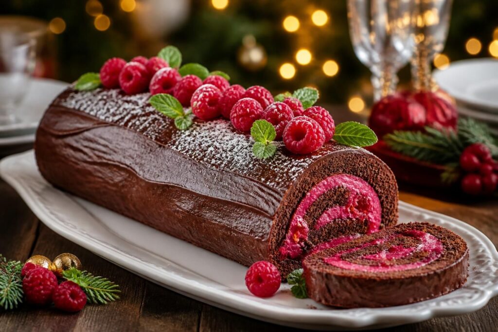 savourez un réveillon réussi avec notre bûche de noël au chocolat et framboise, un dessert gourmand alliant douceur fruitée et richesse chocolatée.