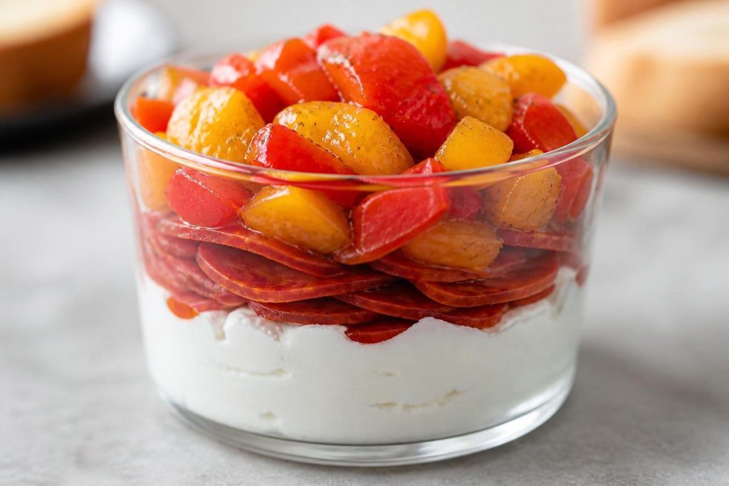 découvrez une recette facile de verrine au chorizo, fromage de chèvre et poivrons, idéale pour un apéritif savoureux et rapide à préparer.