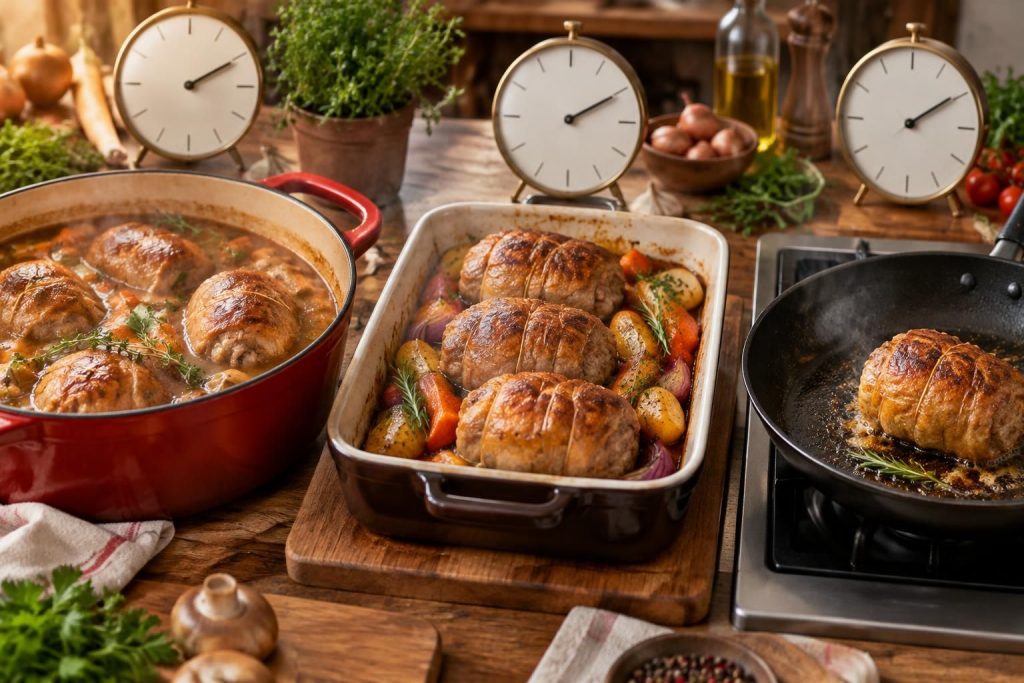 découvrez le temps de cuisson des paupiettes de veau à la poêle, au four ou en cocotte, avec des conseils pour obtenir une viande tendre et savoureuse.
